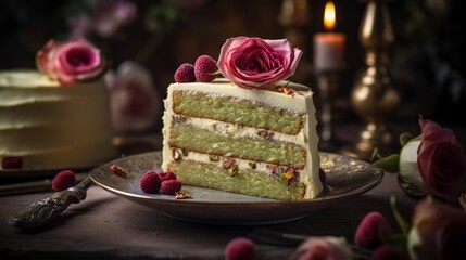 Obraz na płótnie Canvas Elegant Rosewater Pistachio Cake with Vanilla Buttercream and Edible Roses. Generative AI.