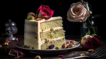 Fototapeta na wymiar Elegant Rosewater Pistachio Cake with Vanilla Buttercream and Edible Roses. Generative AI.