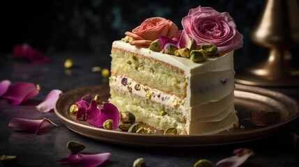 Obraz na płótnie Canvas Elegant Rosewater Pistachio Cake with Vanilla Buttercream and Edible Roses. Generative AI.