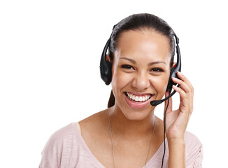 Call center, portrait or happy woman with headset for CRM isolated on transparent png background....