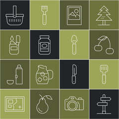 Set line Road traffic sign, Spatula, Cherry, Photo frame, Jam jar, Lighter, Picnic basket and Spoon icon. Vector