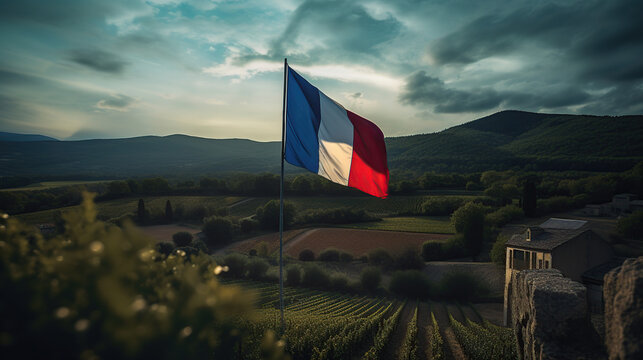 A stunning French flag flowing with the wind with fields behind, 14th of July, patriotic, AI generated