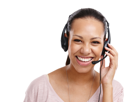Call center, portrait or happy woman with headset for CRM isolated on transparent png background. Contact us, face of consultant or friendly virtual assistant sales person with mic or smile to help