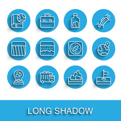 Set line Exhibition with minerals, rocks, Mining dump truck, Earth globe and book, Ore mining, Flag, Soil ground layers, Location the and Compass icon. Vector