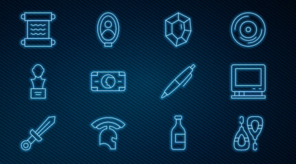 Set line Earrings, Retro tv, Gem stone, Stacks paper money cash, Gypsum head sculpture bust, Papyrus scroll, Pen and Portrait picture museum icon. Vector