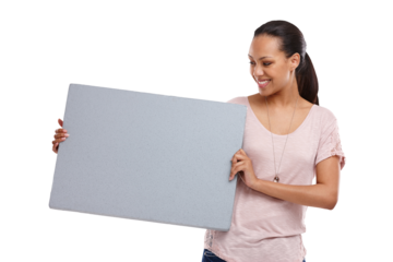 Advertising, board or woman with sign, billboard or poster isolated on transparent png background. Marketing, branding mockup or happy Brazilian girl model with an announcement, news or logo banner