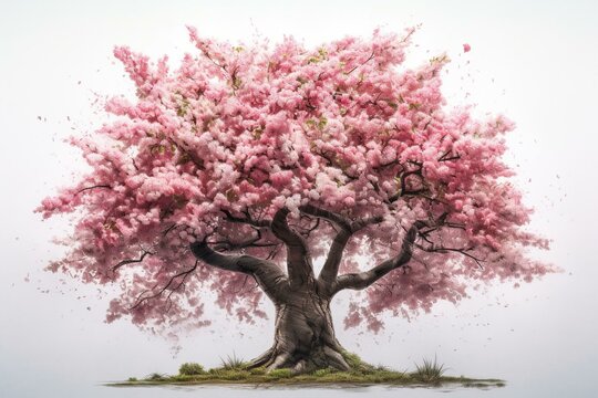 Isolated watercolor painting of a single pink cherry blossom tree. Generative AI