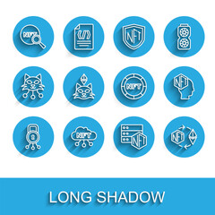 Fototapeta premium Set line Cyber security, NFT cloud, Search, blockchain technology, Ethereum exchange, Digital crypto art, and icon. Vector