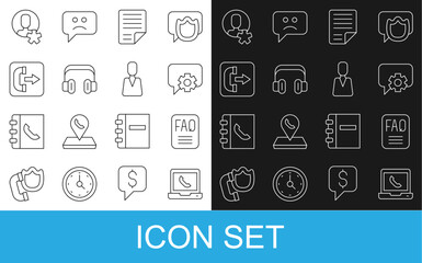 Set line Telephone 24 hours support, FAQ information, File document, Headphones, Outgoing call, Elected employee and Employee icon. Vector