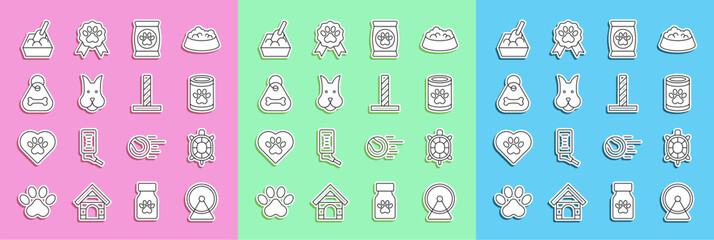 Set line Hamster wheel, Turtle, Canned food, Bag of for pet, Dog, collar with bone, Cat litter tray shovel and scratching post toy icon. Vector