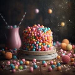 photo brithday cake with delicate color decor, generative ai