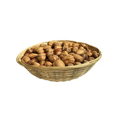 Dried nuts in wicker bowl isolated object top view, soft focus clipping path, pistachio, hazelnuts, walnuts, healthy raw food organic diet concept