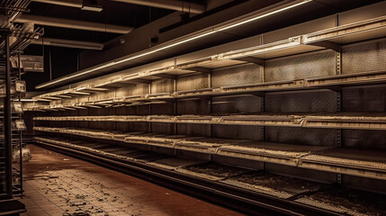 Fototapeta na wymiar Lack of Goods. Barren Shelves. Empty Grocery Store. AI generated