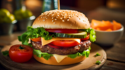 A burger decorated with vegetables and cheese. AI Generated