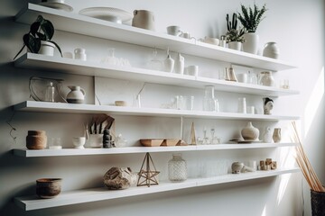 White shelves against a white backdrop. Generative AI