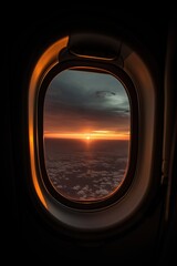 A beautiful sunset seen from an airplane window, Generative AI