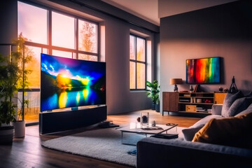 Obraz na płótnie Canvas Big Screen TV Takes Center Stage in Modern Living Room. Generative AI