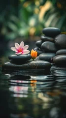 Poster Pyramids of balanced zen pebble meditation stones with green leaves and flowers in water on tropical forest background. Concept of harmony, balance and meditation, spa, massage, relax and yoga.