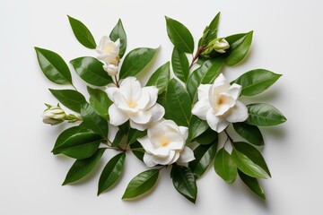 A stunning arrangement of gardenia flowers with leaves isolated on white. Perfect for flat lay photography with copy space. Generative AI