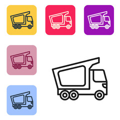 Black line Delivery cargo truck vehicle icon isolated on white background. Set icons in color square buttons. Vector