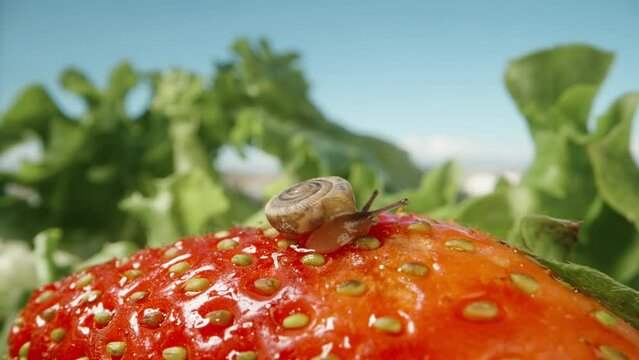 Snail basks in the sun on strawberries against a background of blue sky and green grass, macro.
