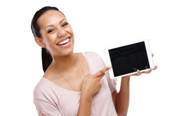 Tablet screen, pointing and woman portrait isolated on transparent, png background for website or mockup space. Happy biracial person or online user with digital technology and promo or presentation