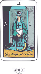 Vector hand drawn Tarot card deck.  Major arcana the High priestess.  Engraved vintage style. Occult, spiritual and alchemy symbolism