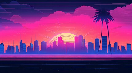 Miami city landscape background at sunset, digital illustration Generative AI