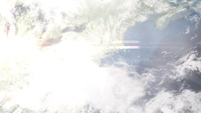 Earth zoom in from outer space to city. Zooming on West New York, New Jersey, USA. The animation continues by zoom out through clouds and atmosphere into space. Images from NASA