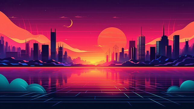 Miami city landscape background at sunset, digital illustration Generative AI