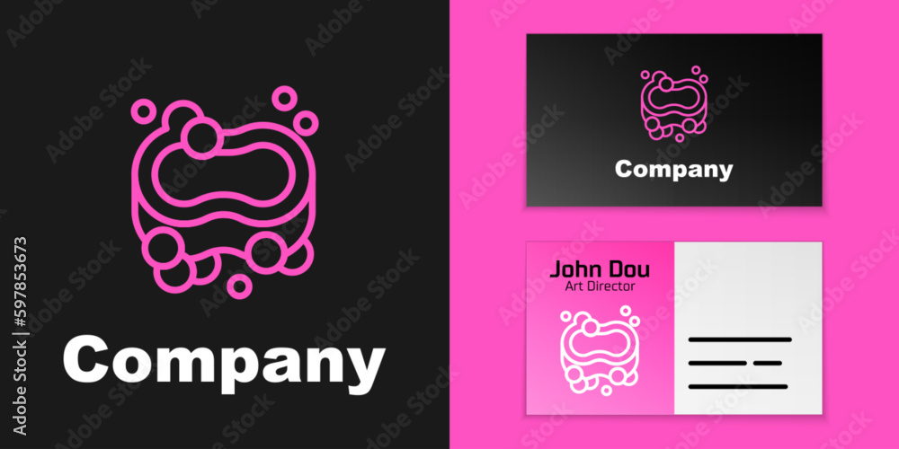 Poster pink line bar of soap icon isolated on black background. soap bar with bubbles. logo design template