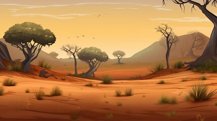 Fototapeta na wymiar African savanna. 2D game background. Digital illustration of scenery for an adventure game Generative AI