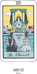 Vector hand drawn Tarot card deck.  Major arcana the Chariot.  Engraved vintage style. Occult, spiritual and alchemy symbolism