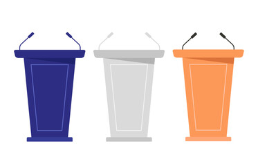 Set of stand with microphones, tribune, podium for speakers, for debate. Vector illustration. Isolated on a white background.