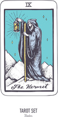 Vector hand drawn Tarot card deck.  Major arcana the Hermit.  Engraved vintage style. Occult, spiritual and alchemy symbolism