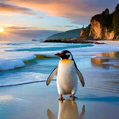 Penguins on the beach with sunset and sunrise backgrounds exposed to silhouette light. This photo is great for websites, business, tourism, content etc. Image of generative Ai