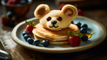 Fun and Festive Pancakes Shaped like Animals and Topped with Fresh Fruit . AI Generated