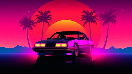 Obraz na płótnie Canvas Car retro wave or synthwave background, retro summer sunset Generative AI