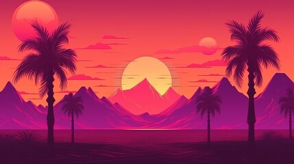 Fototapeta na wymiar Desert sunset landscape with palm trees and mountains, retro style, 80s. Digital illustration Generative AI