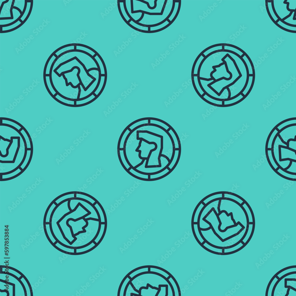 Poster black line ancient coin icon isolated seamless pattern on green background. vector