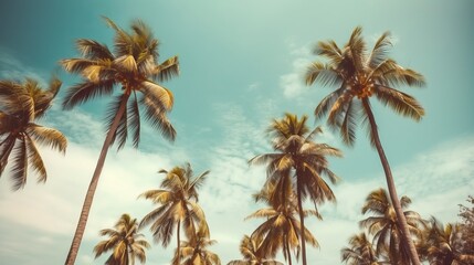Obraz na płótnie Canvas Palm trees against blue sky, Palm trees at tropical coast, vintage toned and stylized, coconut tree,summer tree ,retro Generative AI