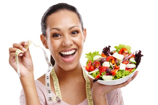 Salad, lose weight and woman portrait isolated on transparent, png background of healthy food, green lunch or detox. Happy person or model wow for eating fruits, vegetables or lettuce in natural diet
