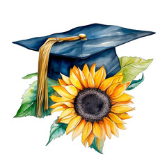 Graduation cap with sunflower watercolor AI generative illustration. Isolated class graduation sublimation