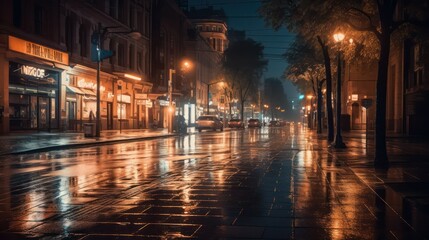 Fototapeta na wymiar empty city street in neon illuminated signboards and lanterns on a rainy night. Generative AI