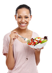 Woman portrait, eating and salad isolated on transparent, png background for healthy green lunch,...