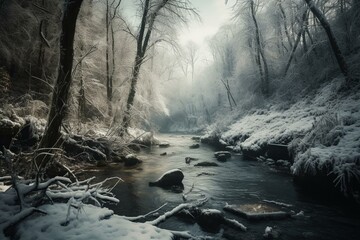 Gorgeous wintry woodland with river & snow. Generative AI
