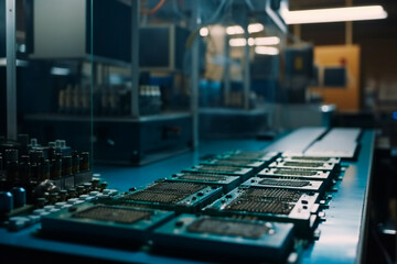 Computer Processors on Production Line on Electronics Factory. Microchip Production Process. AI Generated.