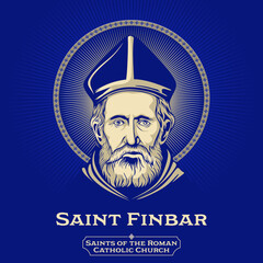 Catholic Saints. Saint Finbar, very often abbreviated to Barra (550-623) was Bishop of Cork and abbot of a monastery in what is now the city of Cork, Ireland. - obrazy, fototapety, plakaty