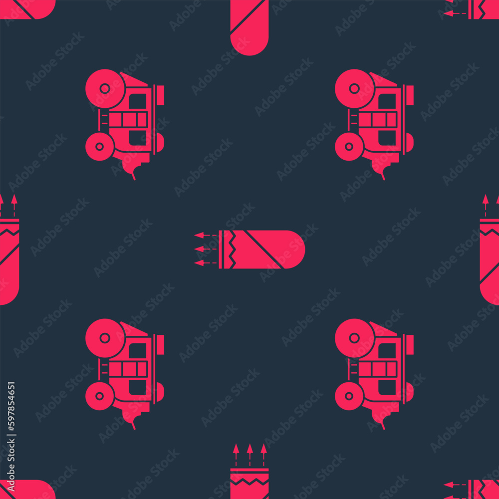 Poster set western stagecoach and quiver with arrows on seamless pattern. vector