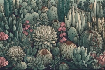 background variety of small cacti different types and varieties. drawing in pastel colors .Generative AI